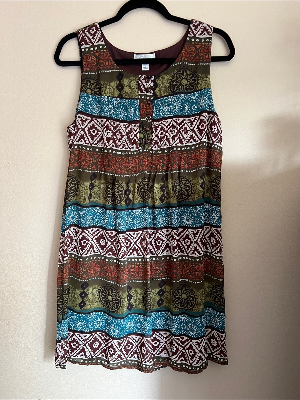Dress Barn Petite 12 Sleeveless Boho Geometric Striped Pleated Mini Dress 12P